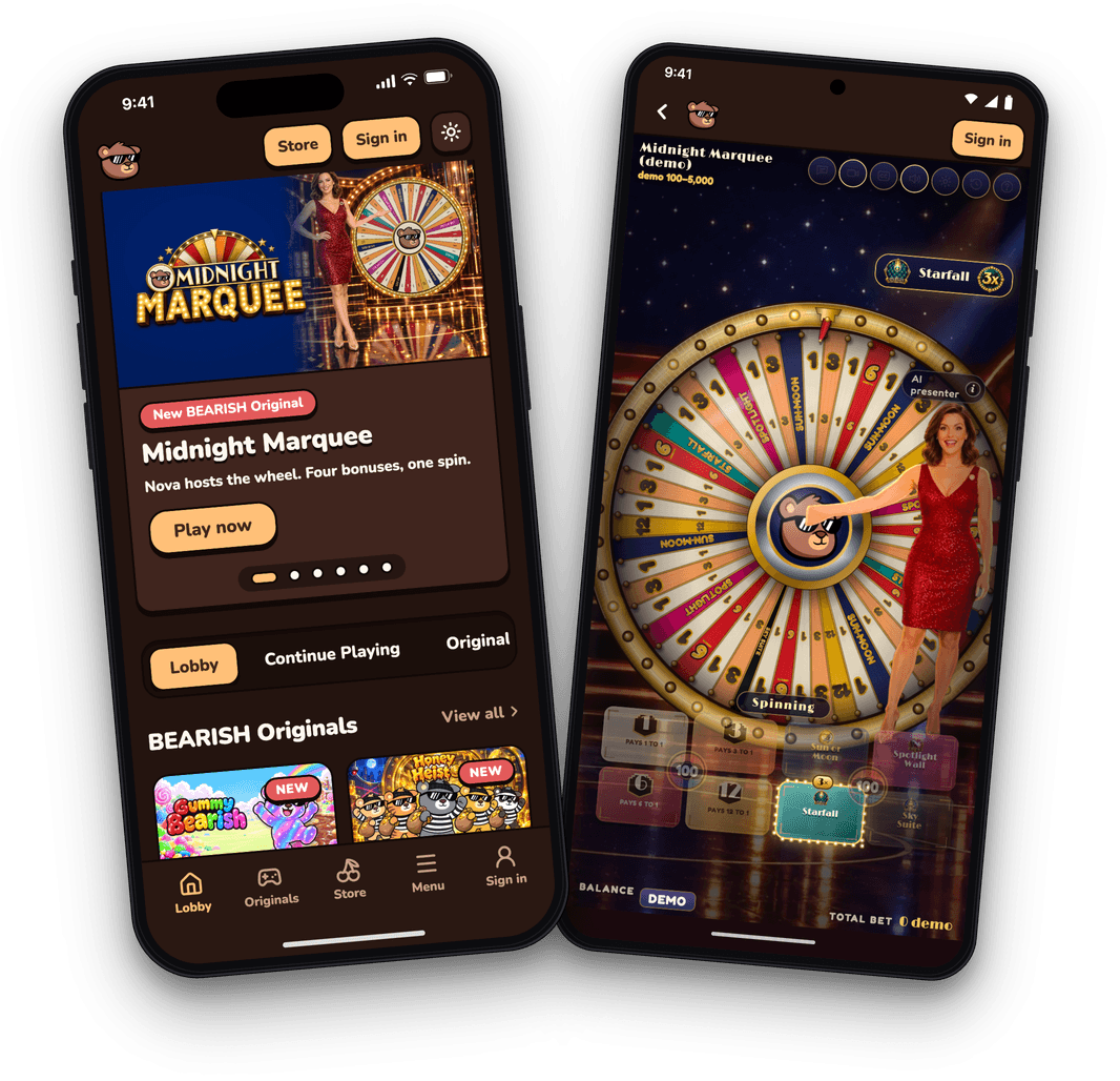 The BEARISH app on two phones: the lobby with Midnight Marquee and the BEARISH Originals row, and the Midnight Marquee wheel mid-spin with host Nova.
