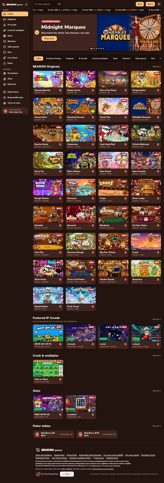 The complete signed-out BEARISH lobby on the beta, including navigation, the BEARISH Originals, the Featured IP Arcade, every game row, poker tables and footer.